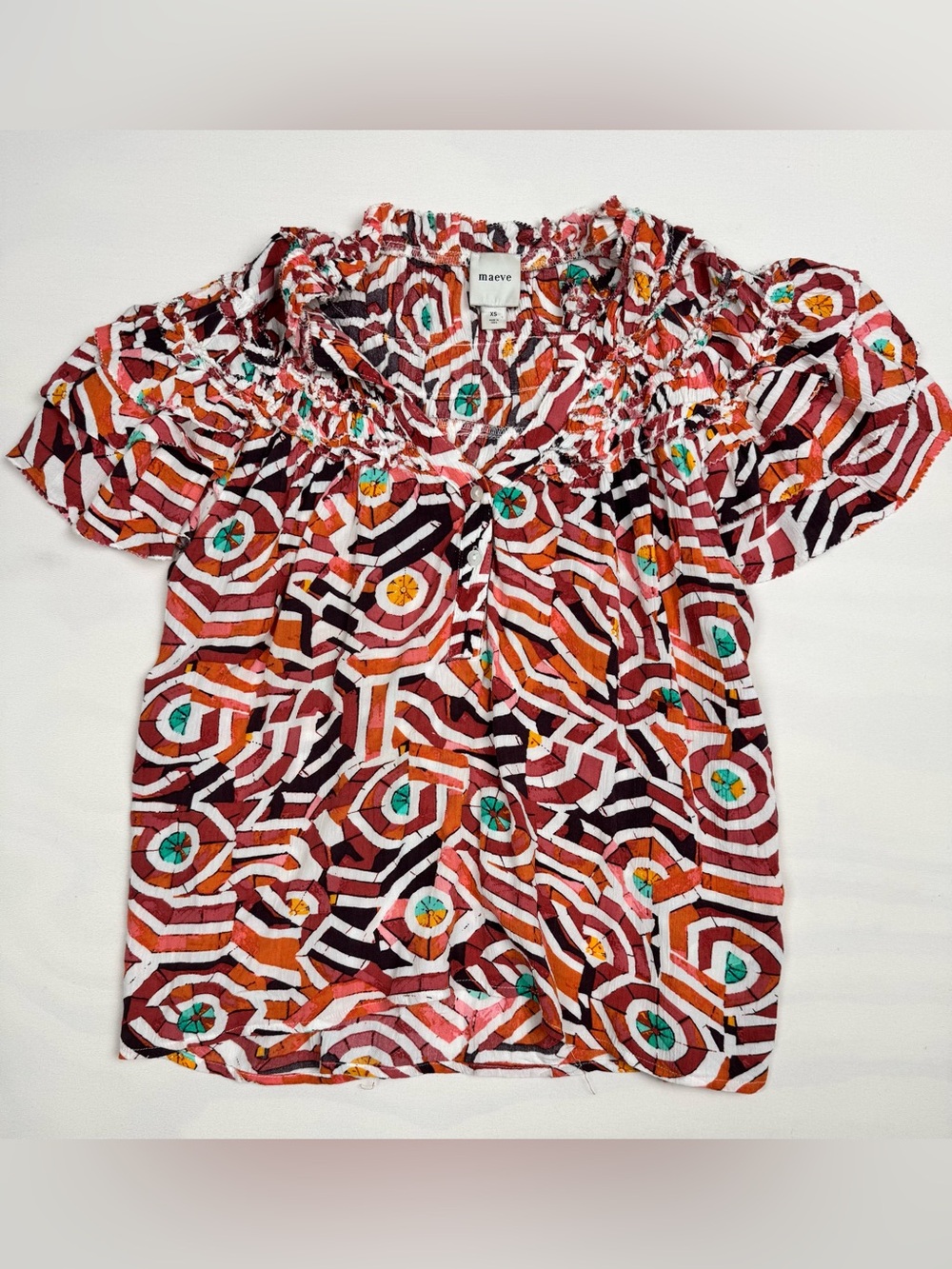 Maeve Short-Sleeve Ruffle Yoke Blouse Orange Women’s XS
